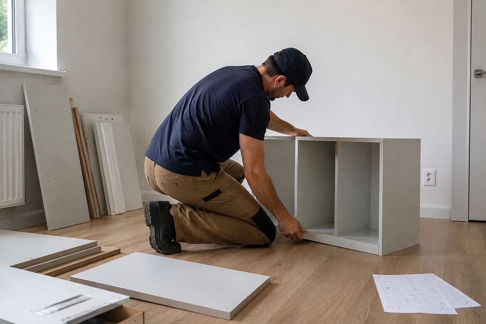 San Diego furniture assembly service — handyman assembling a white cabinet in a living room